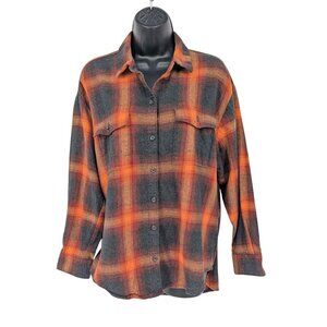 Old Navy Boyfriend Flannel Orange Plaid Button Up Shirt Size L Era Folk Evermore